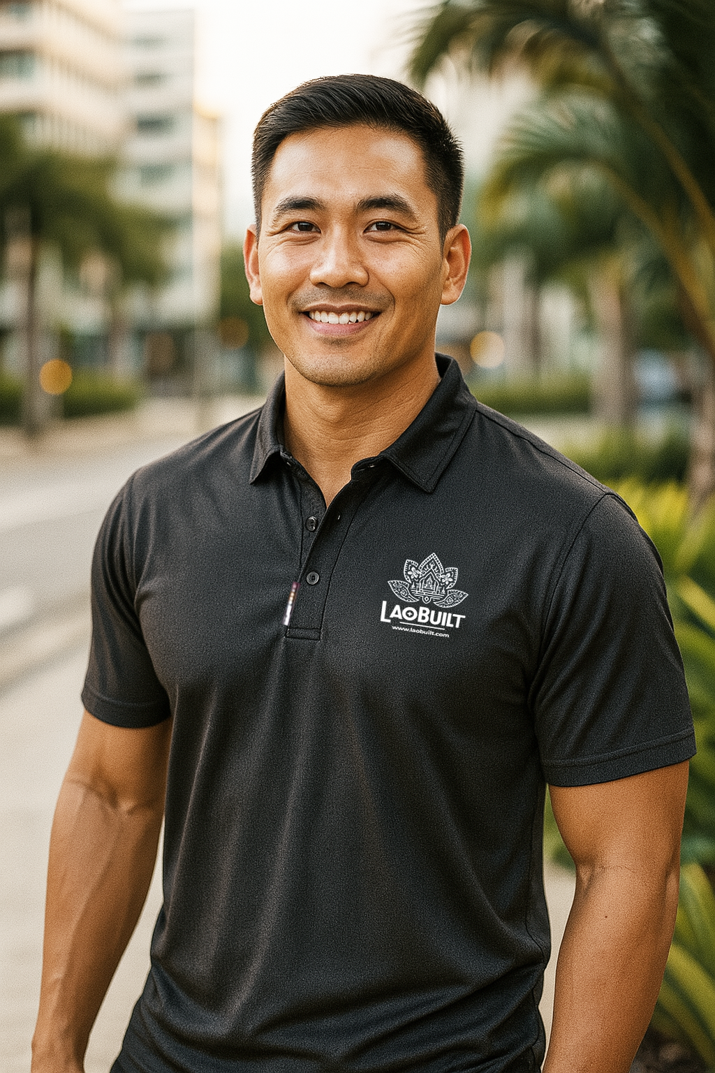LaoBuilt Sport Polo Shirt model wearing green polo – Made in Laos