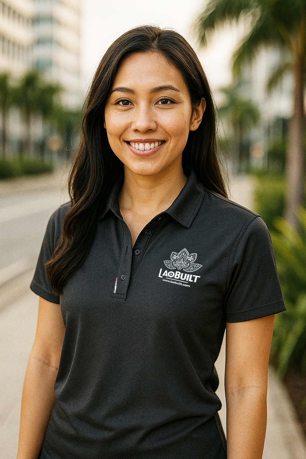 LaoBuilt Sport Polo Shirt model wearing green polo – Made in Laos